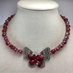 Stunning AB Red Glass Faceted Butterfly Bead Statement Necklace Silver Tone
